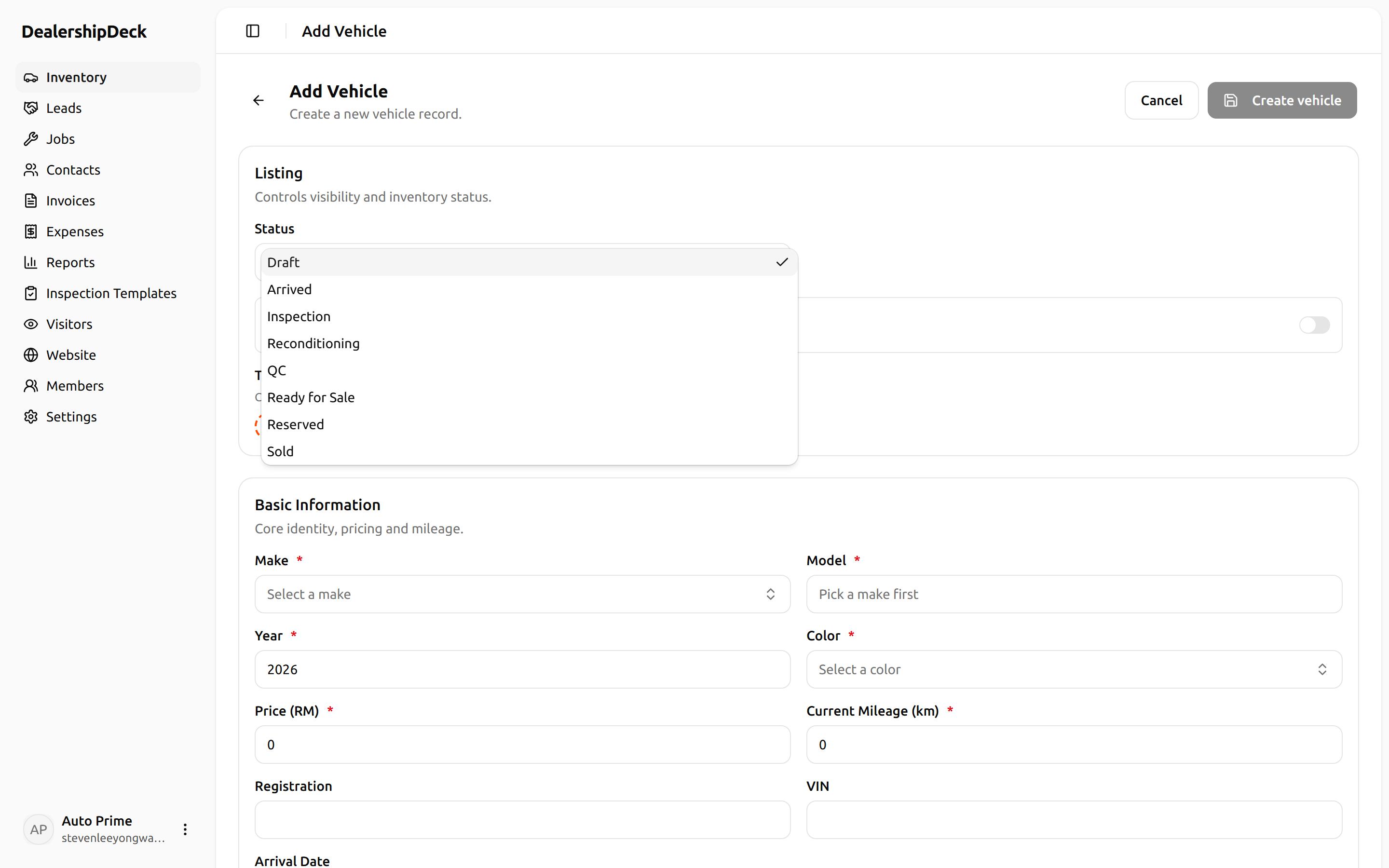 The vehicle form's Status dropdown open, showing the full pipeline.