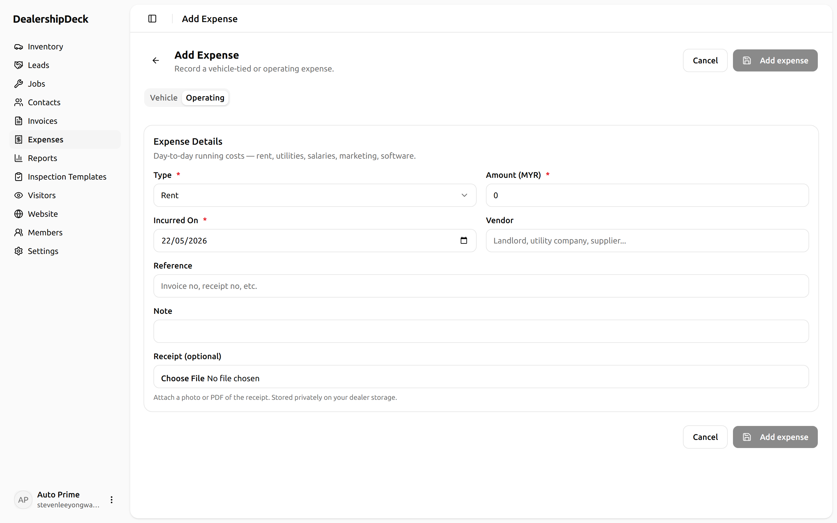 The Operating tab of the expense form, with the type dropdown open showing all 11 operating categories.