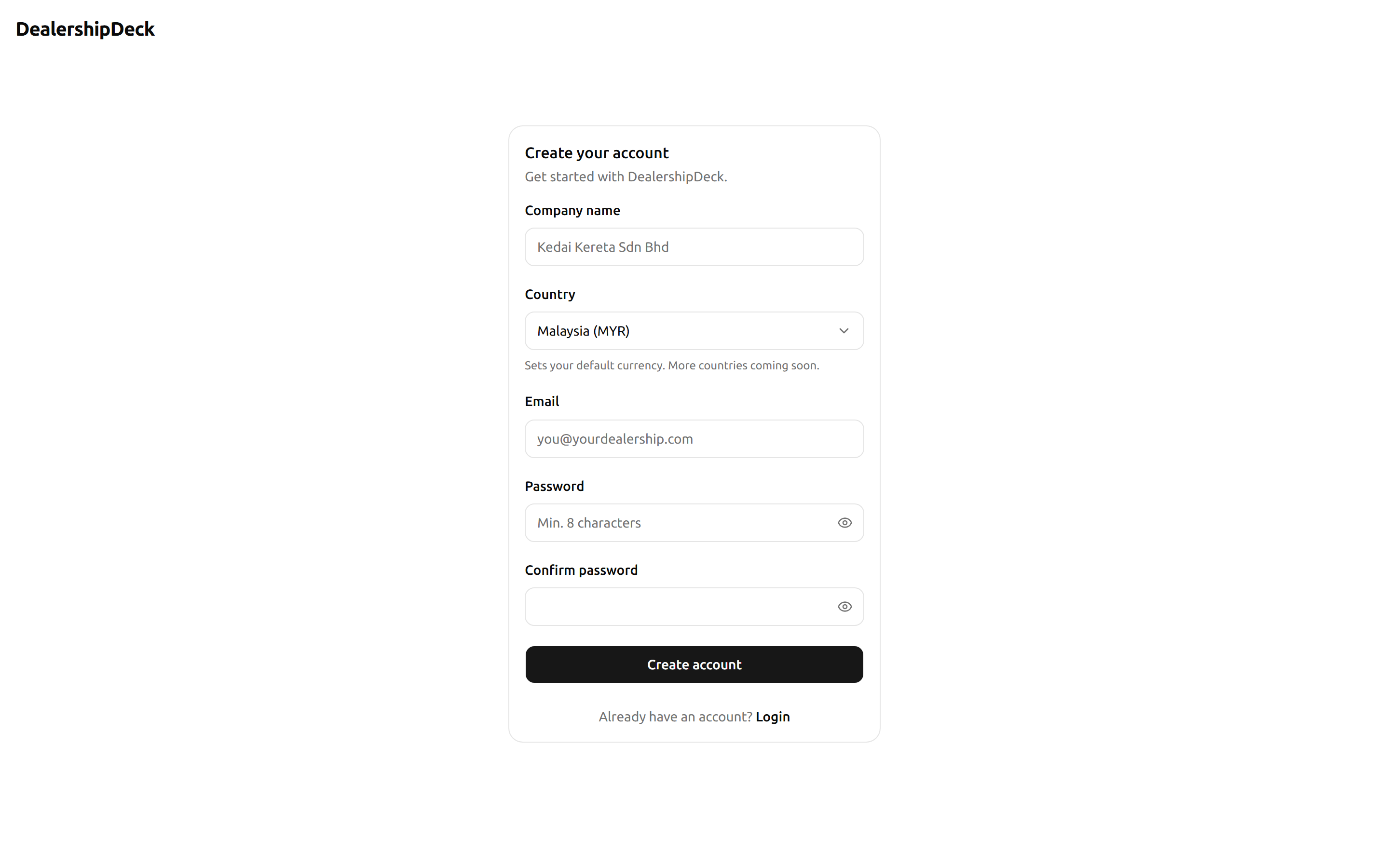 The /signup form with the four fields visible: company name, email, password, country.