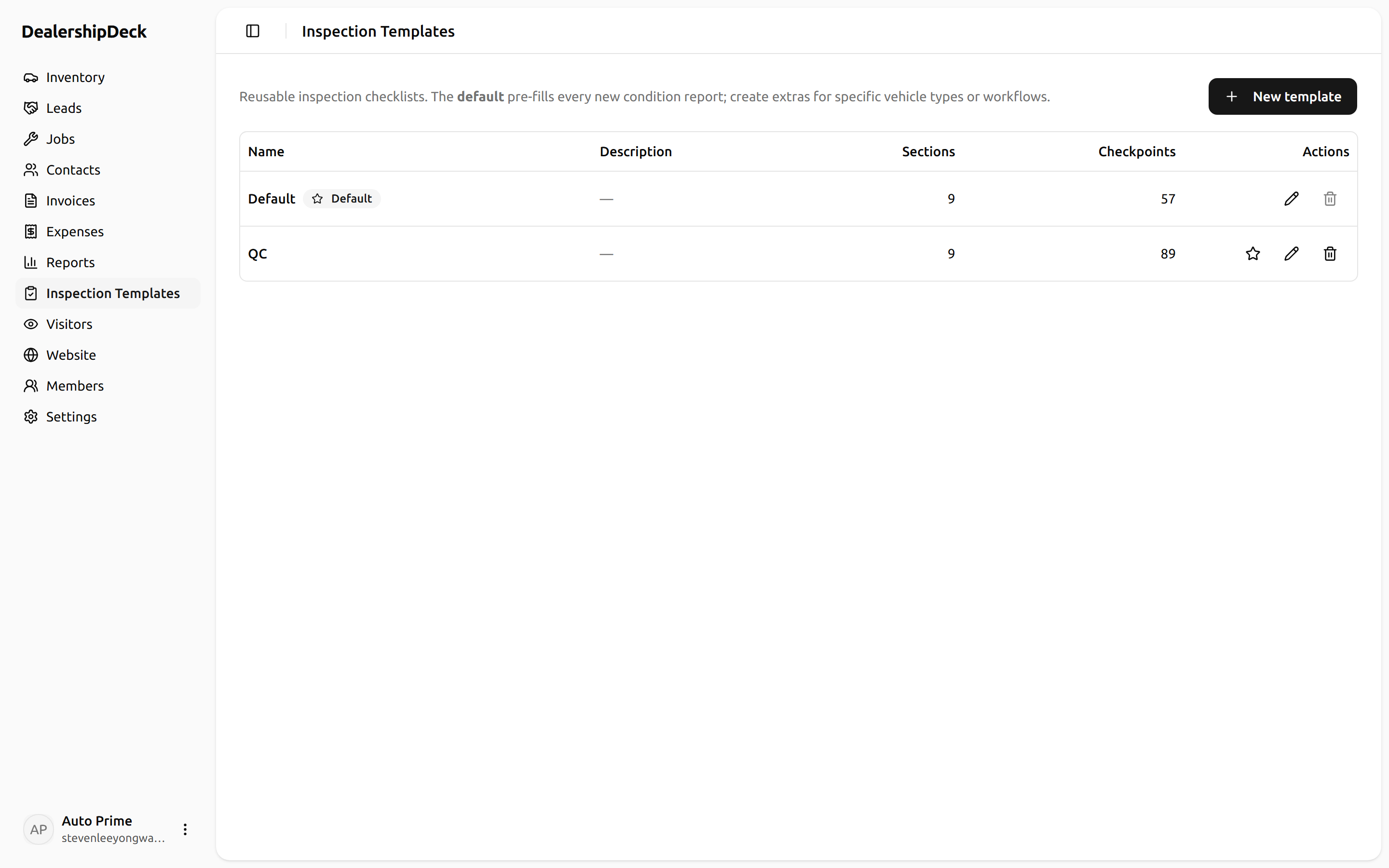 The /inspection-templates list page with the New-template dialog open.