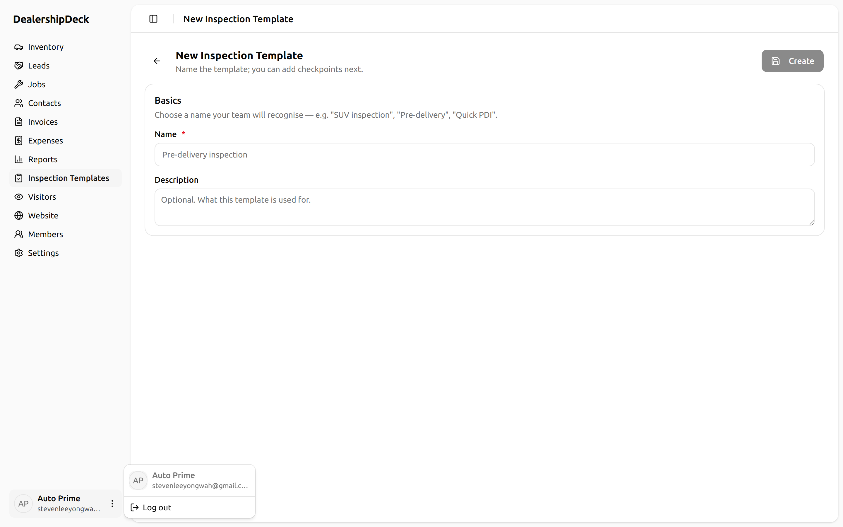 The template editor with one section expanded, showing 3-4 checkpoints with the input-type dropdown visible on one.