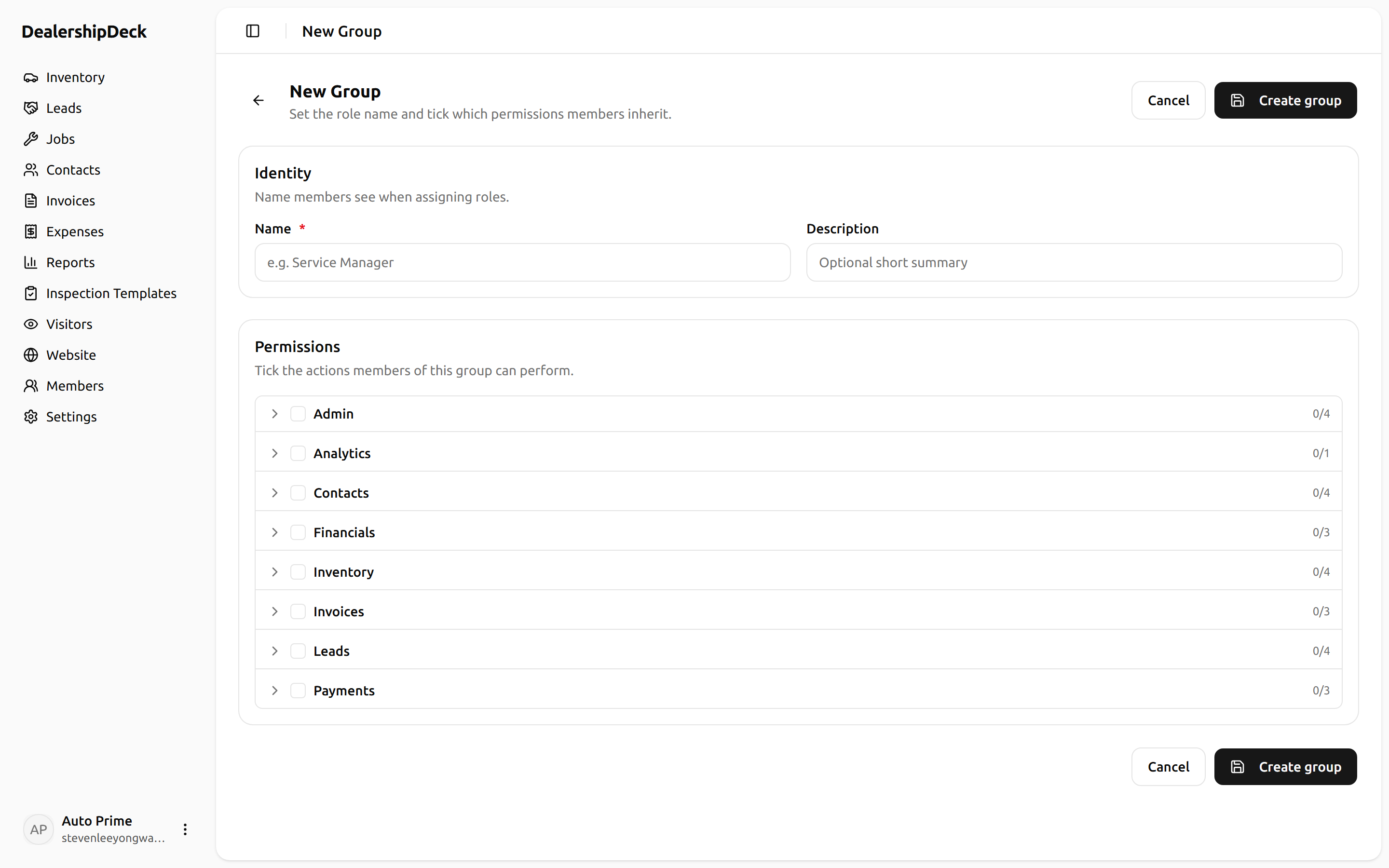 The groups create form with name 'Sales' and a list of permission checkboxes — show a few ticked (VEHICLE_VIEW, VEHICLE_EDIT, SALE_CREATE).