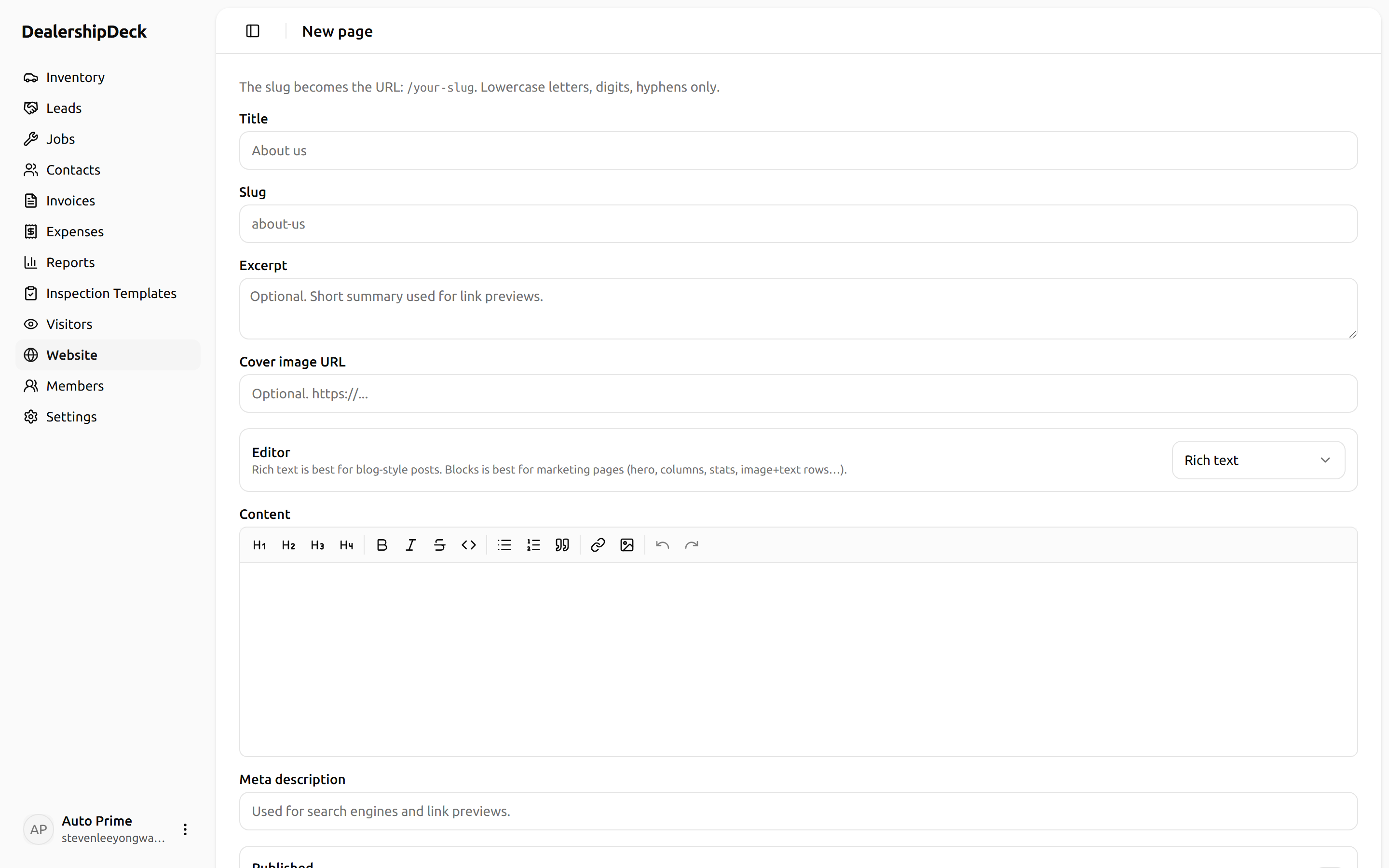 The new-page form with Title, Slug, and a Renderer radio with 'Blocks' selected.