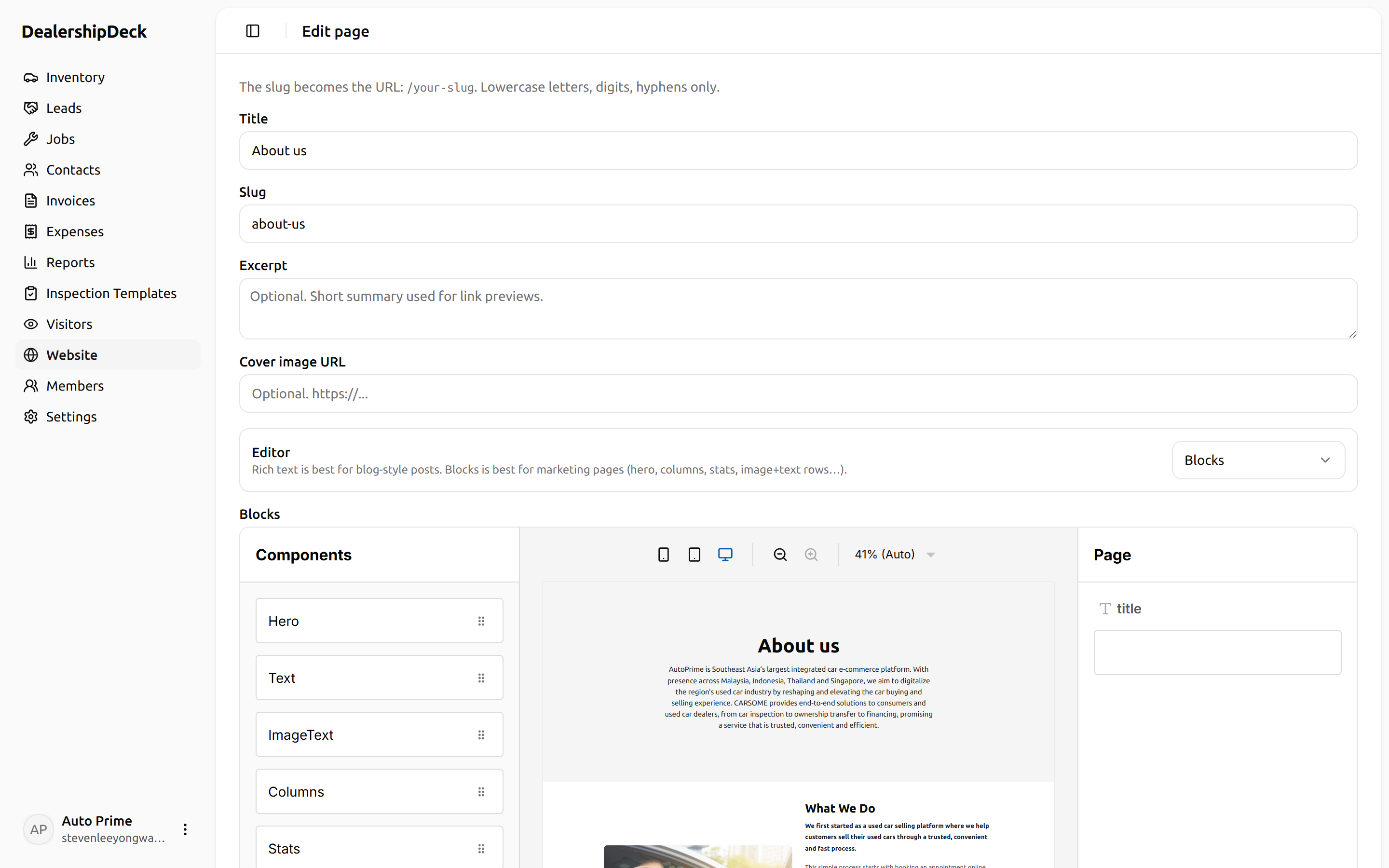 The Puck editor open: left sidebar with block types, central canvas with a Hero + Text + ImageText stacked, right sidebar showing the selected block's properties form.