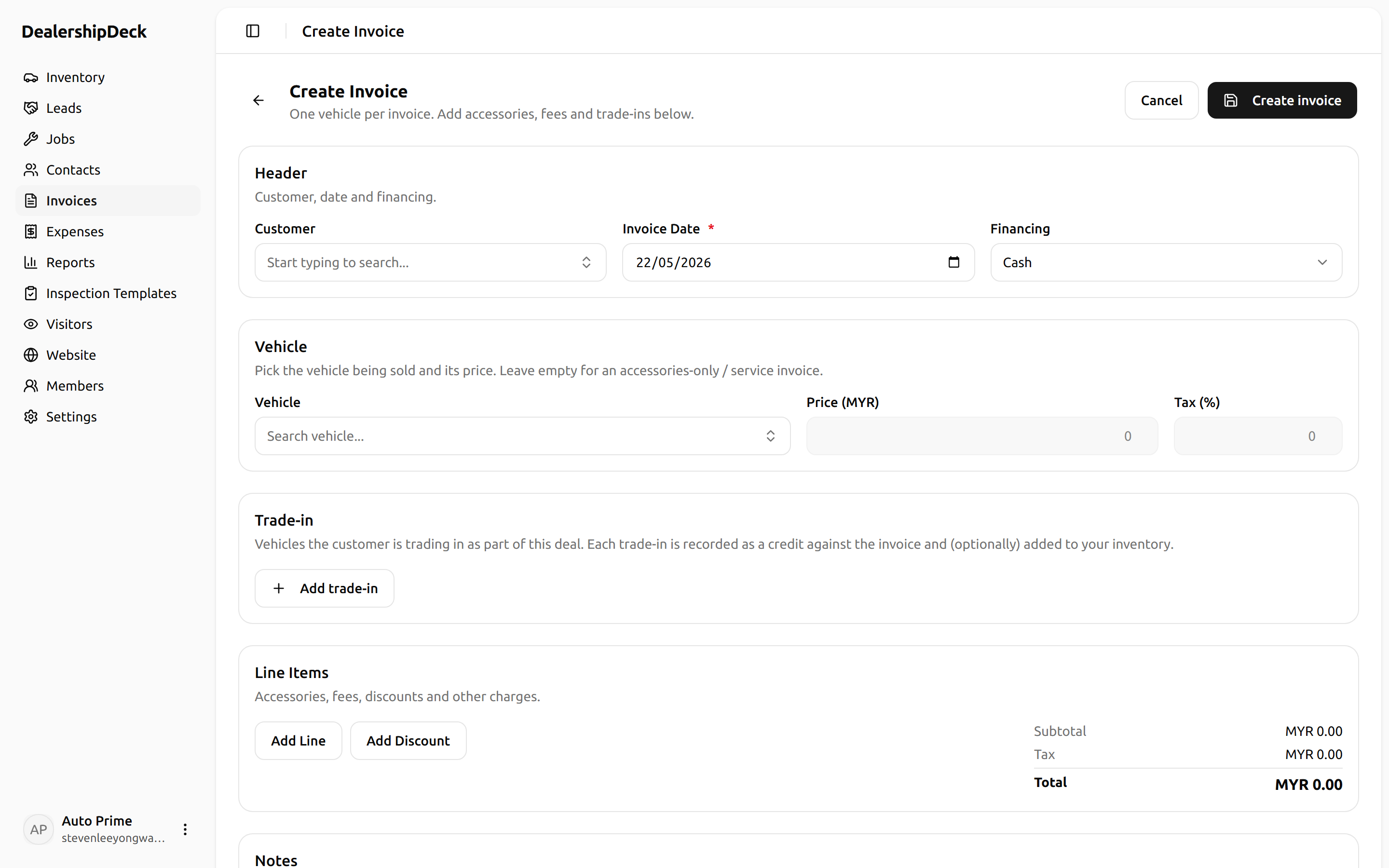 The new-sale form with the vehicle dropdown open showing READY_FOR_SALE inventory.