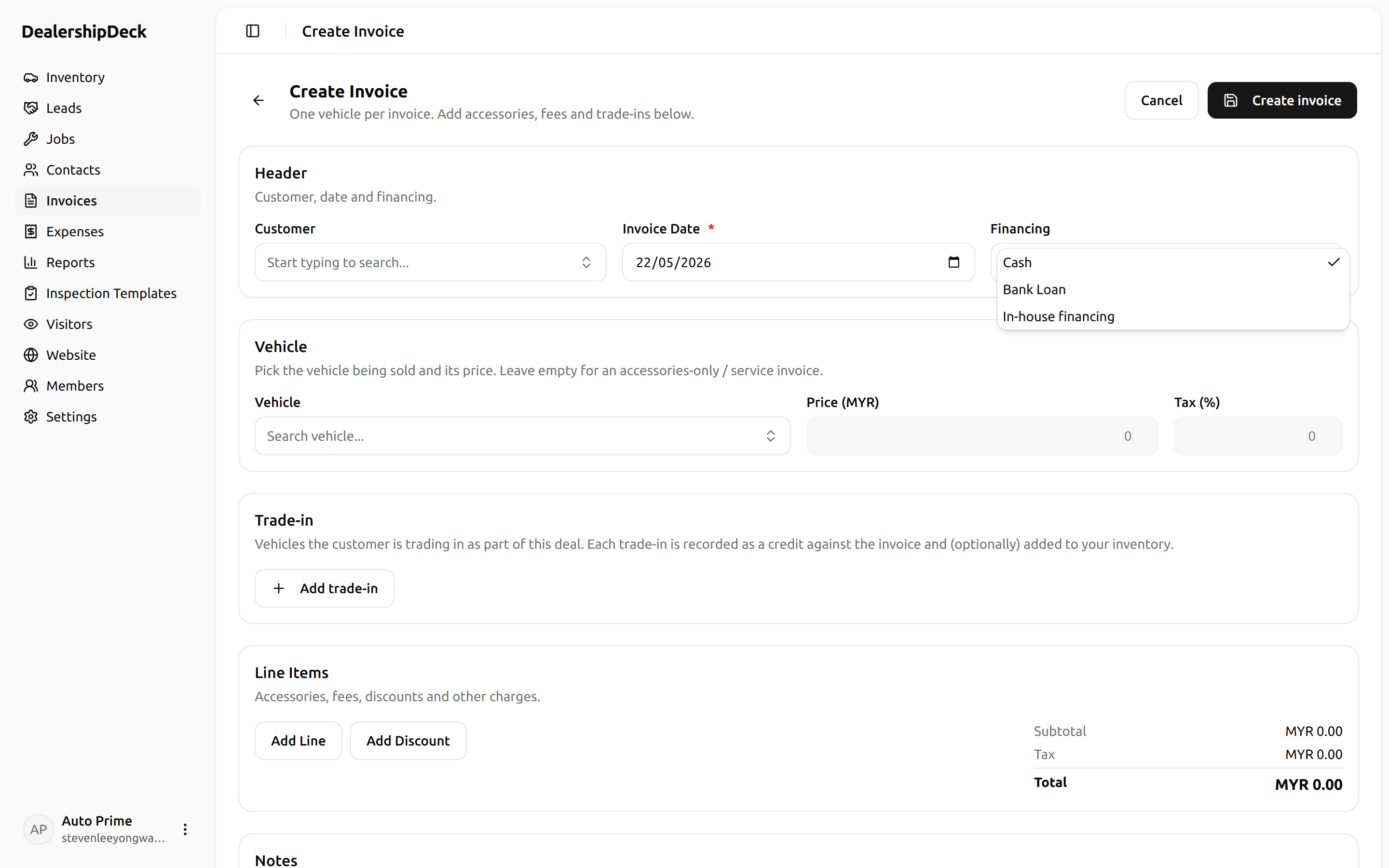 The financing section with Hire Purchase selected, showing deposit + term + interest fields and the auto-generated payment schedule preview.