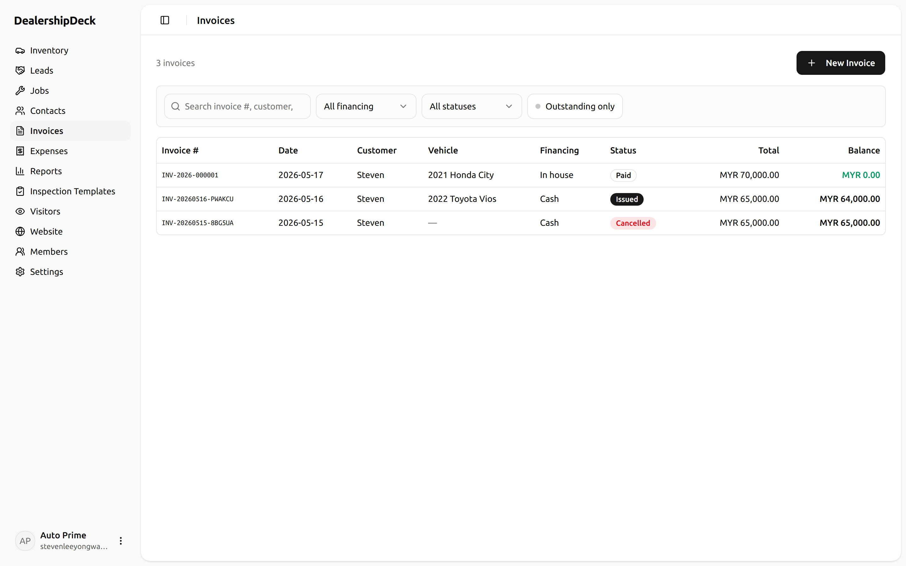 An invoice detail page with the Record-payment dialog open showing amount + date fields.