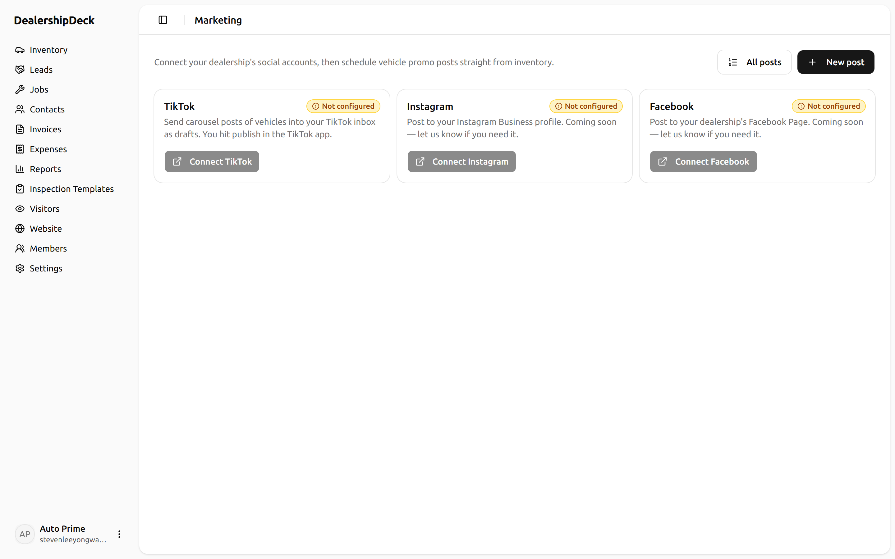 The Marketing → Accounts page with three provider rows; one shows Connected with a green check, the other two show Connect buttons.