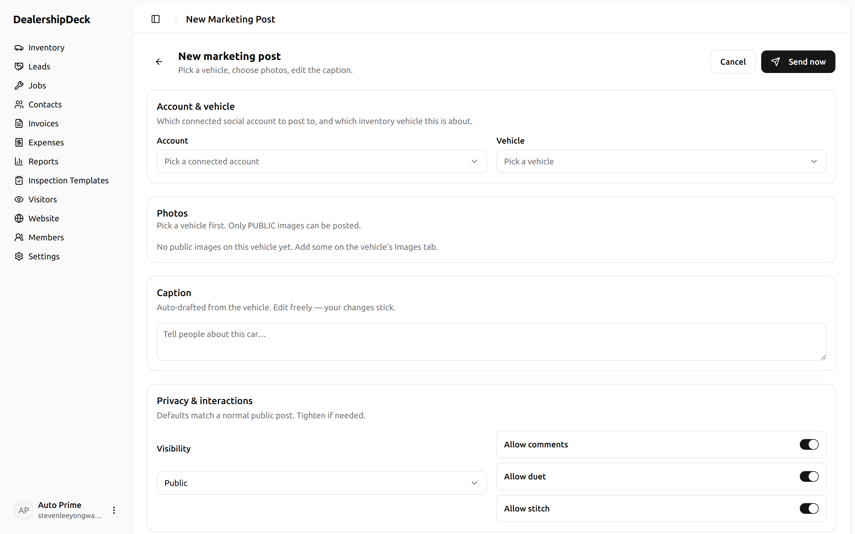The compose-post form showing the provider picker (set to Instagram), the caption textarea, and three thumbnail images uploaded.