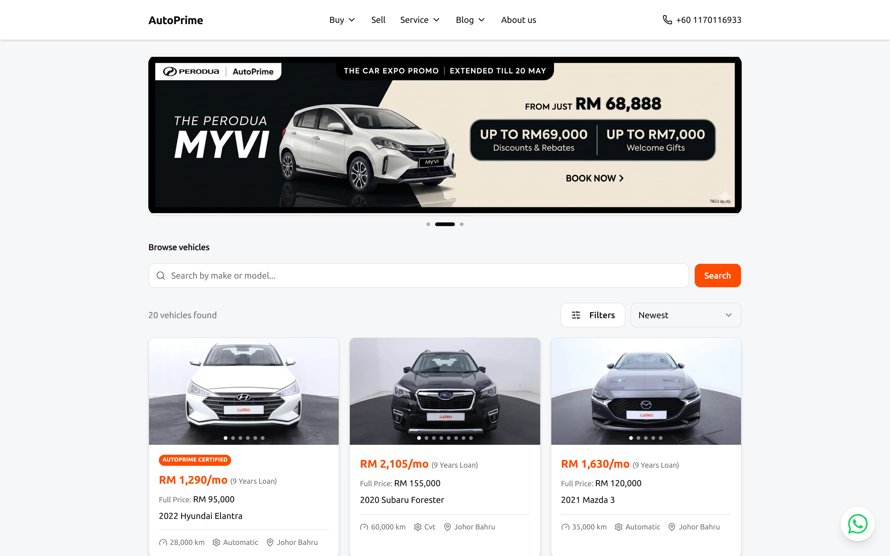 DealershipDeck customer-facing showroom — the public vehicle search and filter page your buyers land on.